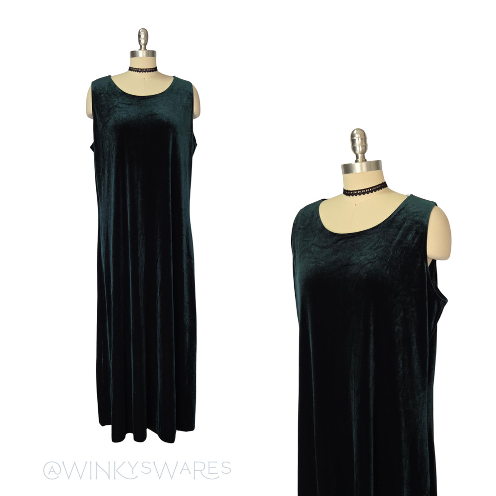 Vintage 90s Green Velvet Maxi Dress Size XL Stretch Goth Grunge Sleeveless